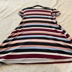 burgundy, blue, white, pink, black striped dress